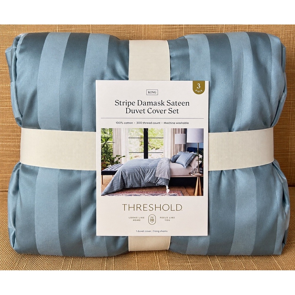 Threshold King Stripe Damask Sateen Duvet Cover Set 3 Piece Blue Gray Cotton